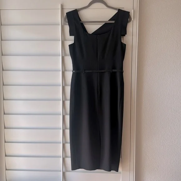 BLACK HALO ICONIC Black Jackie O Belted Sheath Dress 6 Gabardine Stretch - Picture 7 of 9